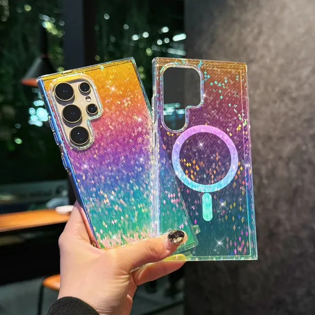 Gradient Color Clear Phone Case For Samsung Galaxy S25 Edge S23 S24 FE S22 Ultra S25 Plus PC + TPU Bling Sequins Cover