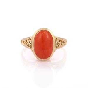 Bague ovale en pierre de corail véritable faite à la main, bague de Cocktail en or jaune massif 14K, bijoux fins, produits en gros pour hommes et femmes - Product Image 1