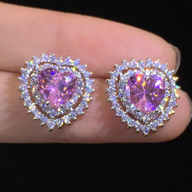 CAOSHI Crystal Female Zircon Stone Earrings Fashion Silver Color Wedding Cute Female Big Pink Heart Stud Earrings For Women