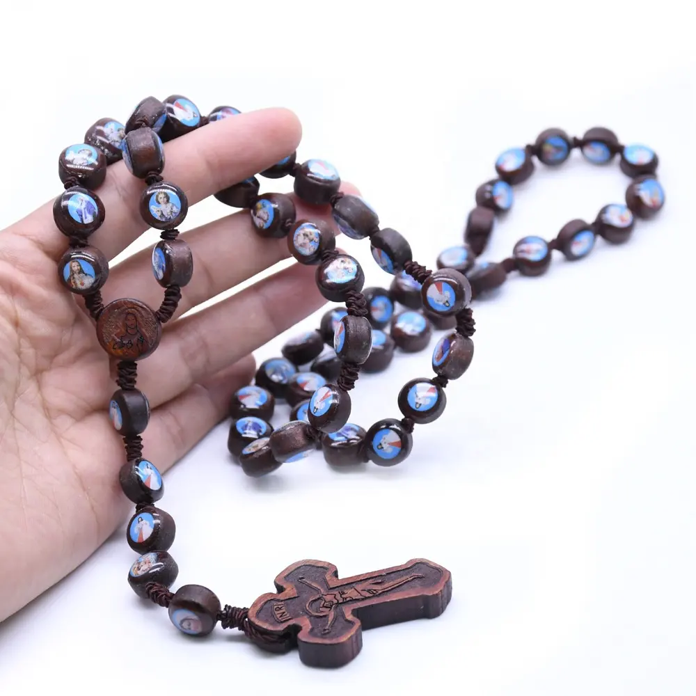 Christ 10mm Rosewood Beads Crrucifix Pendant Woven Religious Jewelry Christian Wooden Rosary Necklace