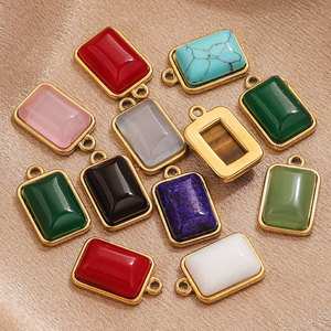 Pendentif rectangulaire en pierre naturelle |   Breloque en acier inoxydable plaqué or 18 carats PVD : turquoise, onyx, œil de tigre, quartz rose pour la fabrication de bijoux - Product Image 3
