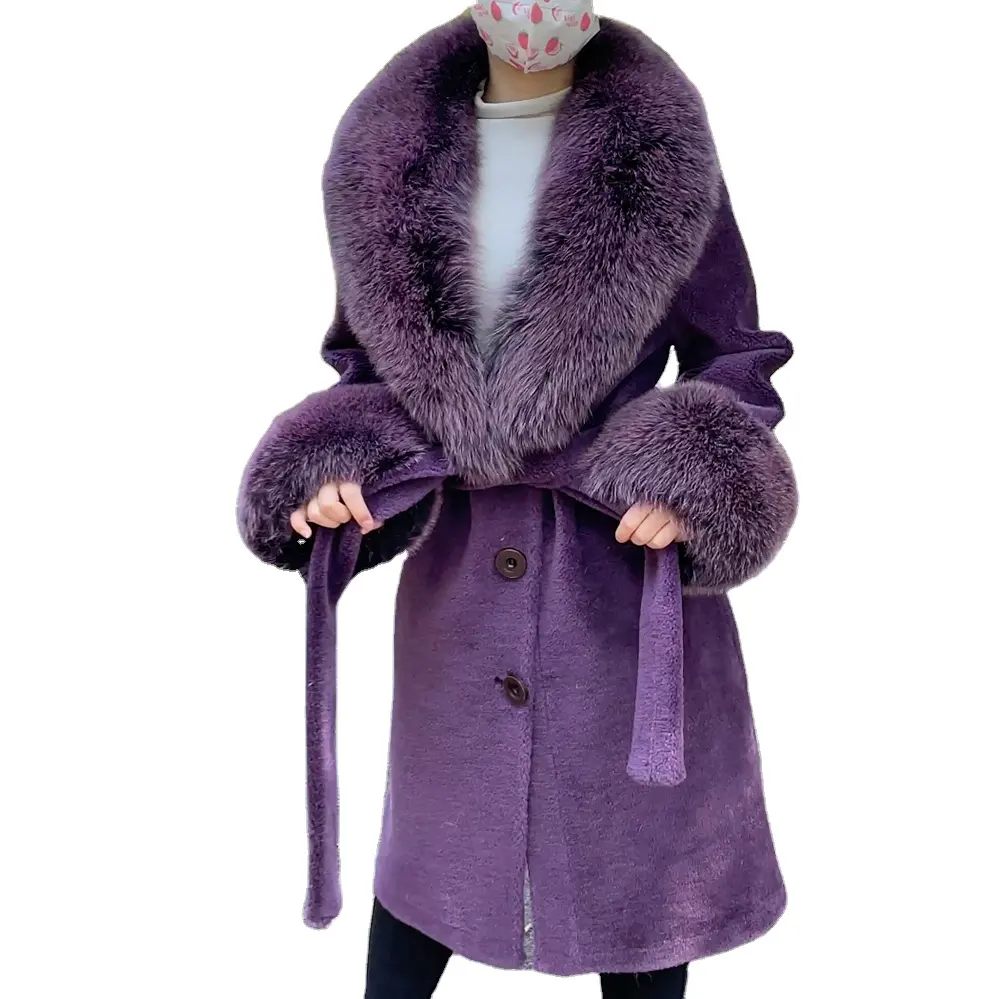 Siyah cuma satış QC21157 koyun shearlling kabarık yün ağır ceket bayan lüks uzun yün ceket gerçek tilki kürk ile
