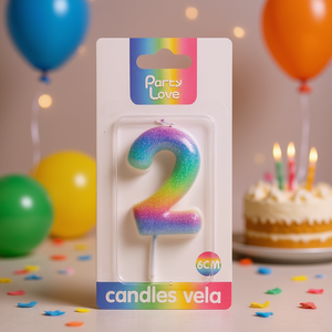 Candela Numero 2 per Feste, 6cm, con Glitter Arcobaleno, Candele per Compleanno - Product Image 1