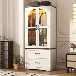 Armario SENYU Estilo Rústico Blanco con Puertas de Vidrio Arqueadas, Armario con Luces LED y Barra para Colgar, Mueble de Almacenamiento de Madera para Dormitorio - Product Image 2