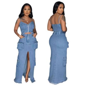 Vestito lungo in denim da donna, stile casual, best-seller, nuovo modello, sexy, con cerniera, <span class=keywords><strong>top</strong></span> a canotta, spacco e tasche, ideale per il lavoro - Product Image 6