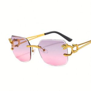 Lunettes de soleil carrées sans monture avec logo personnalisé, style vintage, pour hommes et femmes, verres dégradés, en alliage, protection UV400, tête de léopard - Product Image 4