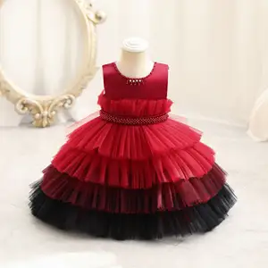 Vêtements de mode occidentale pour enfants adolescents, corsage en satin rouge, tulle superposé, robes de princesse pour filles