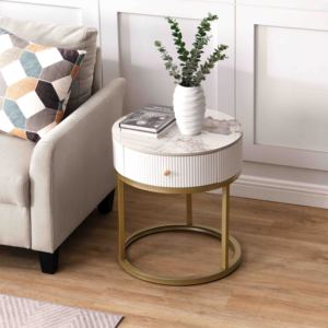 Modern Round Nightstand with Drawer <b>Marble</b> <b>Top</b> Gold Base <b>Side</b> <b>Table</b> for Living Room Bedroom - Product Image 2