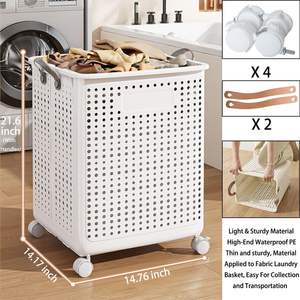 Panier à linge pliable 50L/60L en plastique écologique et durable, design respirant, style moderne, roues universelles pour salle de bain - Product Image 4