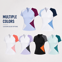 Haut de tennis personnalisé pour femme à col montant, mini-col en V, motif géométrique color block, manches courtes, idéal pour le sport, l'entraînement et les matchs sur le terrain