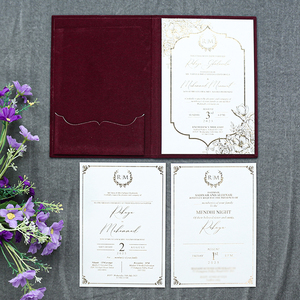 Couverture de carton dur de <span class=keywords><strong>mariage</strong></span> en velours <span class=keywords><strong>bordeaux</strong></span> Carte d'invitation à couverture rigide Papier de texture Feuille d'or Invitation de poche avec enveloppe - Product Image 6