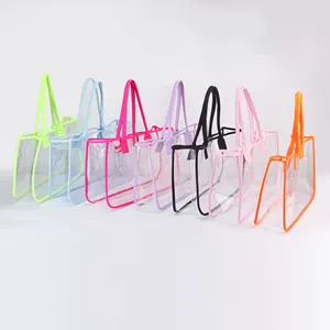 Keymay New Products U shape Women Transparent Beach Bag Custom Clear Stadium Tote Bag PVC Grocery Plastic Shopping Bag