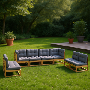 Salon de jardin en bois massif avec coussins gris, mobilier d'extérieur pour terrasse ou jardin, capacité 6 personnes, style contemporain - Product Image 2