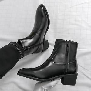 Botas de Tobillo con Aumento de Altura Invisible para Hombre, Estilo Coreano 2026 |   Botas cortas negras con cremallera y punta puntiaguda - Product Image 1