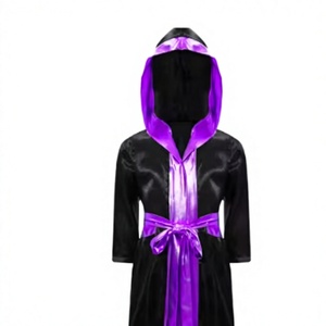 PROFIT SPORTS Black Purple Hooded <b>Robe</b> <b>Satin</b> Trim Belt Breathable Quick-Dry Polyester Material Long Sleeve Boxing Training Coat - Product Image 3