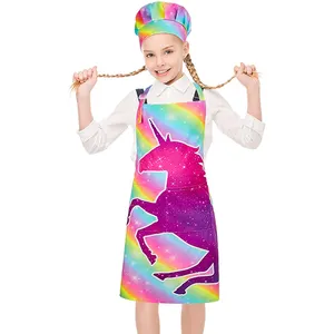 儿童围裙厨师帽套装女孩烹饪厨房围裙，男孩带口袋的可调节儿童围裙