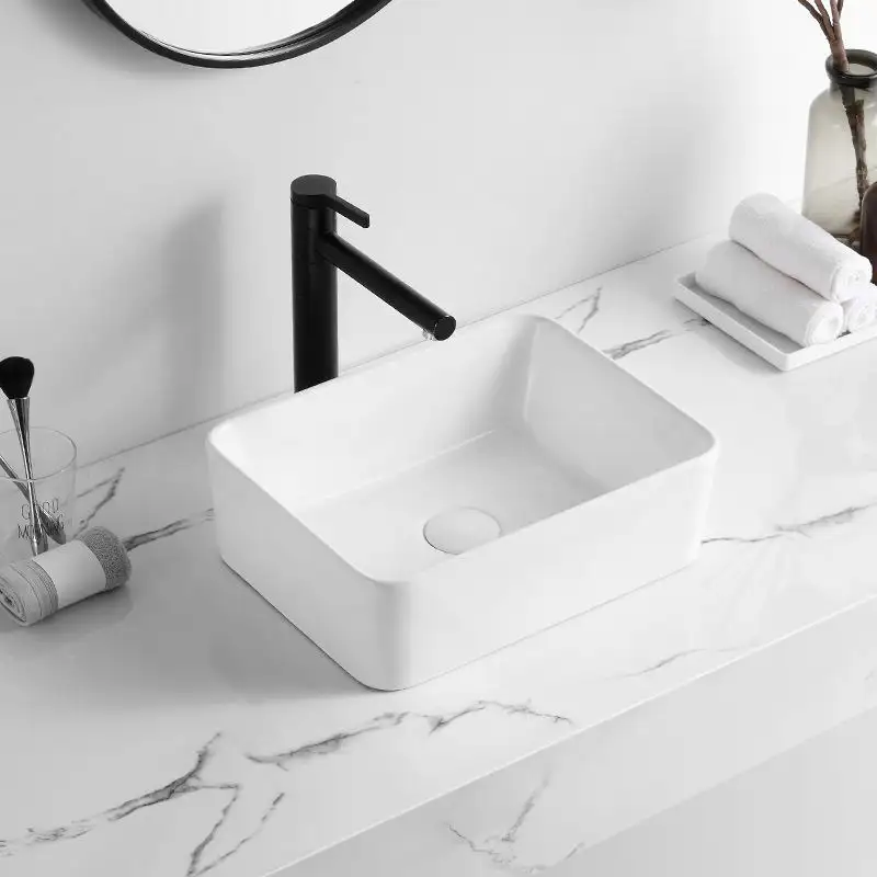 Tối giản màu trắng hình chữ nhật Countertop nghệ thuật rửa lưu vực thiết bị vệ sinh bảng Top gốm phòng tắm bồn rửa