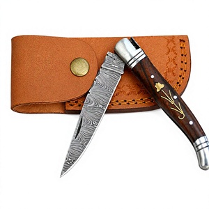 Cuchillo LAGUIOLE de Acero de Damasco con Mango de Madera, Hoja de Punta Caída y Funda de Cuero Personalizada - Product Image 1