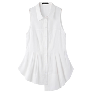 2020 femmes taille plissée sans manches Blouse Structure tridimensionnelle grand Arc ourlet plissé taille chemise blanche - Product Image 1
