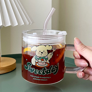 Tazza in Vetro 600ml Resistente al Calore, Trasparente con Stampa Cucciolo, Manico Abbinato, Coperchio Sigillato e Cannuccia per Casa e Ufficio - Product Image 3