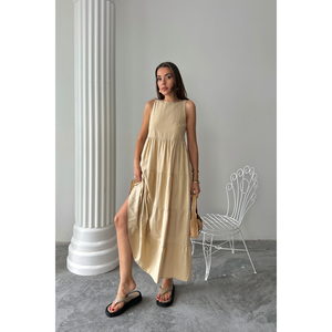 Robe longue beige sans manches en lin flamme - Conception personnalisée élégante pour soirée ou travail, ODM pour femme, taille XS avec logo personnalisé - Product Image 2