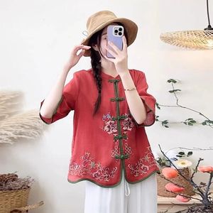 Women's Cotton Linen Shirt Rose Pink Chinese Embroidery Folded Buttons Loose Fit Breathable Everyday Wear - Product Image 2