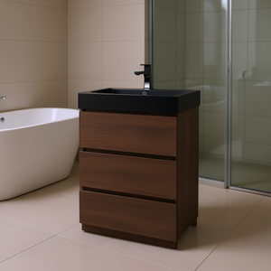 Meuble-lavabo de salle de bain moderne 24 pouces finition noyer, grand rangement, pré-assemblé, vasque monobloc noire, sur pied - Product Image 2