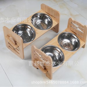 Soporte de madera para tazones de mascotas, doble tazón de acero inoxidable, marco ajustable para alimentar gatos y perros, comedero de madera maciza - Product Image 2
