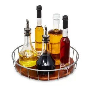 Acacia Wood And Wire Turntable Rotating Spice Rack Table Spice Bottle Rack Shelf Seasoning Holder Storage Tray Rotating