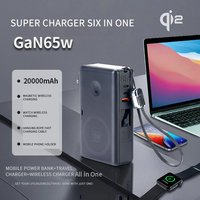 Batterie externe de voyage 65W GaN à charge rapide 20000mAh pour ordinateur portable Prise secteur Type C Charge rapide sans fil 6 en 1 Câble Power Station Banques