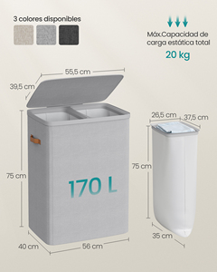 Songmics lắp ráp dễ dàng 44.9 GAL. Giặt ủi Hamper với có thể tháo rời túi bên trong 2 ngăn giặt giỏ với nắp và xử lý - Product Image 3