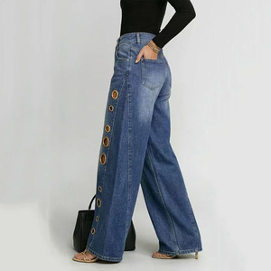 <span class=keywords><strong>Jean</strong></span> large <span class=keywords><strong>taille</strong></span> <span class=keywords><strong>haute</strong></span> pour <span class=keywords><strong>femme</strong></span> RNSHANGER en denim <span class=keywords><strong>bleu</strong></span> avec découpes à œillets dorés, coupe ample, style streetwear décontracté Y2K - Product Image 5