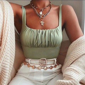 Débardeur plissé en satin pour femme, couleur unie, dos nu, sans manches, camisole, haut tendance été automne, kaki, gris, orange, blanc personnalisé - Product Image 1