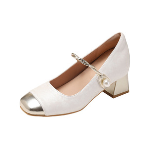 รองเท้าสไตล์ฝรั่งเศสย้อนยุคแบบแมรี่เจน สีขาวแชมเปญ ส้นหนา สายรัดหัวเข็มขัดเดี่ยว รองเท้าเพิ่มความสูงสำหรับผู้หญิง - Product Image 4