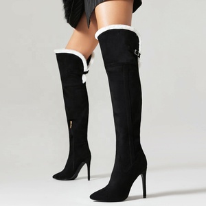 Botas por encima de la rodilla de piel superior de talla grande 48, botines largos de ante de aguja para mujer, tacones finos de invierno, ajuste de pierna ancha cálido - Product Image 2