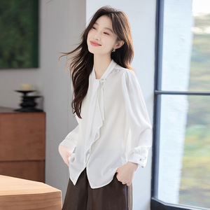 White Women's Chiffon Shirt With Ribbon <b>Tie</b> Long Sleeve Office Blouse Solid Color <b>Polyester</b> Fabric Q9977 - Product Image 3