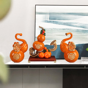 Ornement en forme de gourde de style chinois, en résine, Feng Shui, décoration de salon, ensemble multi-pièces, orange avec base noire - Product Image 2