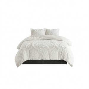 Juego de Funda de Edredón de Chenilla de Algodón con Diseño de Damasco, 3 Piezas, Ropa de Cama Acolchada Clásica para el Hogar, Color Blanco - Product Image 1