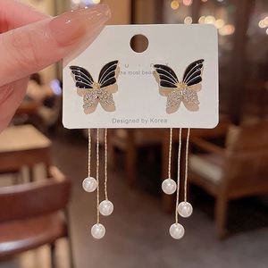 Korean Ins New Gold Butterfly <b>Earrings</b> Light Luxury Fashion Long Tassel Pearl Gold Plated Women's Personality Wild Ear <b>Studs</b> - Product Image 4