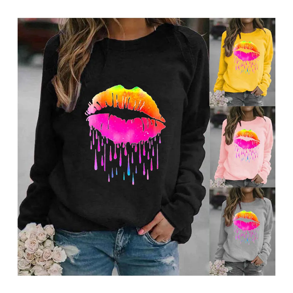 S-3XL Dalam Stok Kasual Kiss Me Lips Jatuh Lengan Panjang Tshirts Wanita Grosir Musim Gugur Pullover Tshirt