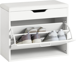 White Slim Entryway Shoe Bench with Soft Cushion, Foldable Narrow Shoe Storage <strong>Cabinet</strong> for <strong>Hallway</strong> <strong>Small</strong> Spaces - Product Image 1