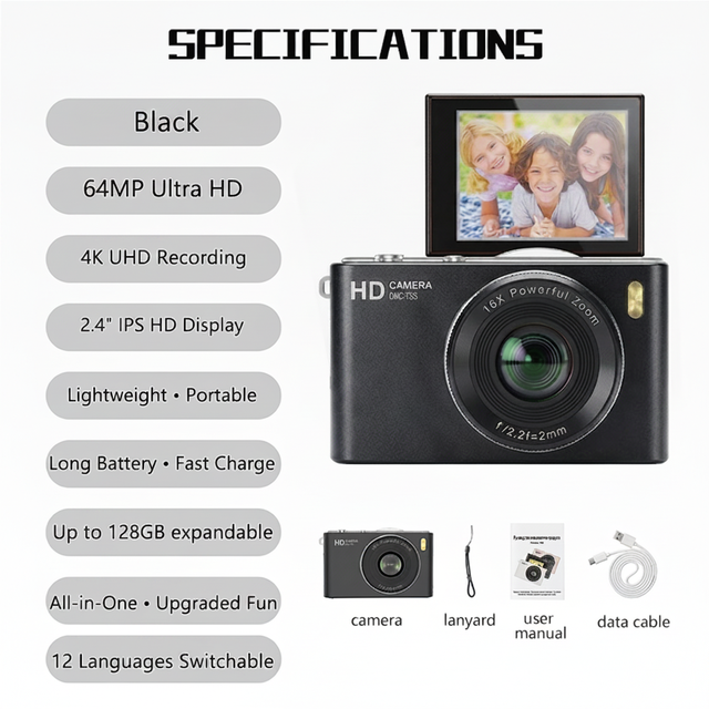64MP Ultra HD 4K Digital Camera for Teens Vlogging Camera With 16X Zoom Auto Focus 2.4 Inch Flip Screen for Travel Student Gift
