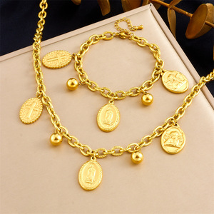 Gold Plated Stainless Steel Oval Pendant Chain Jewelry <b>Set</b> Cross Angel Design Unisex Everyday Wear Two Piece Necklace <b>Bracelet</b> - Product Image 1