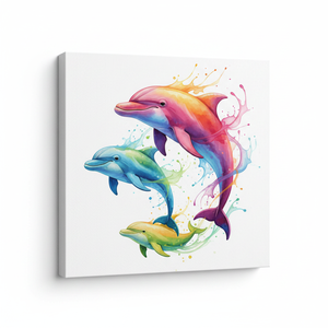 Vibrant Colorful Dolphin Canvas Art: Modern Tempered Glass Wall Decor Print,<b>WRAPPED</b> CANVAS - Product Image 2