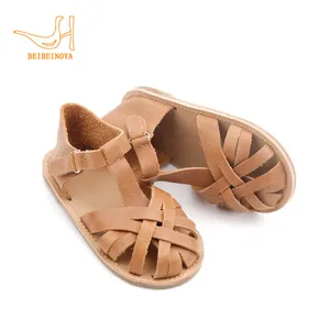 Sandalias Babyhappy para niños, nuevo diseño, cuero genuino, marrón, tejido trenzado, sandalias para niños para niñas pequeñas