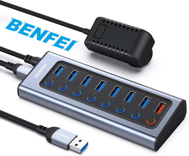 USB Hub with Power Supply, 8-Port USB Splitter Hub 7 Data Transfer Ports 1 Smart Charging Port with Individual On/Off Switches