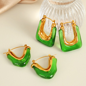 Pendientes de aro geométricos en forma de U de resina para mujer, joyería de moda para fiesta, aleación de zinc, color verde y marrón - Product Image 2