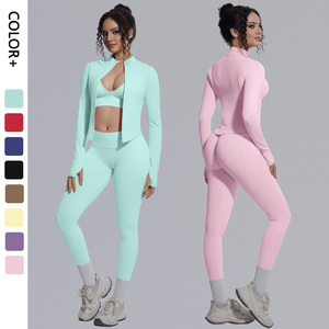 Ensemble 3 pièces <span class=keywords><strong>sexy</strong></span> pour <span class=keywords><strong>femme</strong></span>, tendance 2026 : Veste zippée douce comme du beurre, soutien-gorge de <span class=keywords><strong>sport</strong></span> et leggings gainants pour le yoga et l'entraînement - Product Image 1