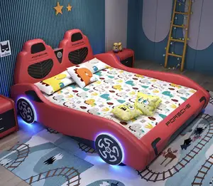 ילדים של רכב מיטת בני ובנות 1.5M יצירתי מוצק עץ קריקטורה מיטה עם מעקה בטיחות כפול אחת מיטת עור