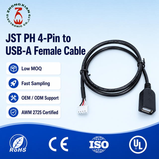Custom OEM JST PH 4-Pin 2.0mm Female USB-A Female Cable | PVC | Tinned Copper Conductor | AWM 2725 28AWG | Low MOQ 100pcs